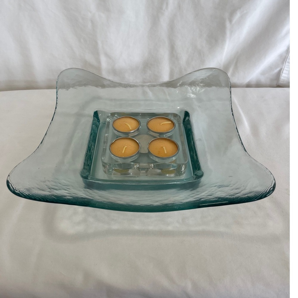 Tealight Candle Holder Set Seafoam Blue Green 2 Pieces Hand Blown Slumped Glass